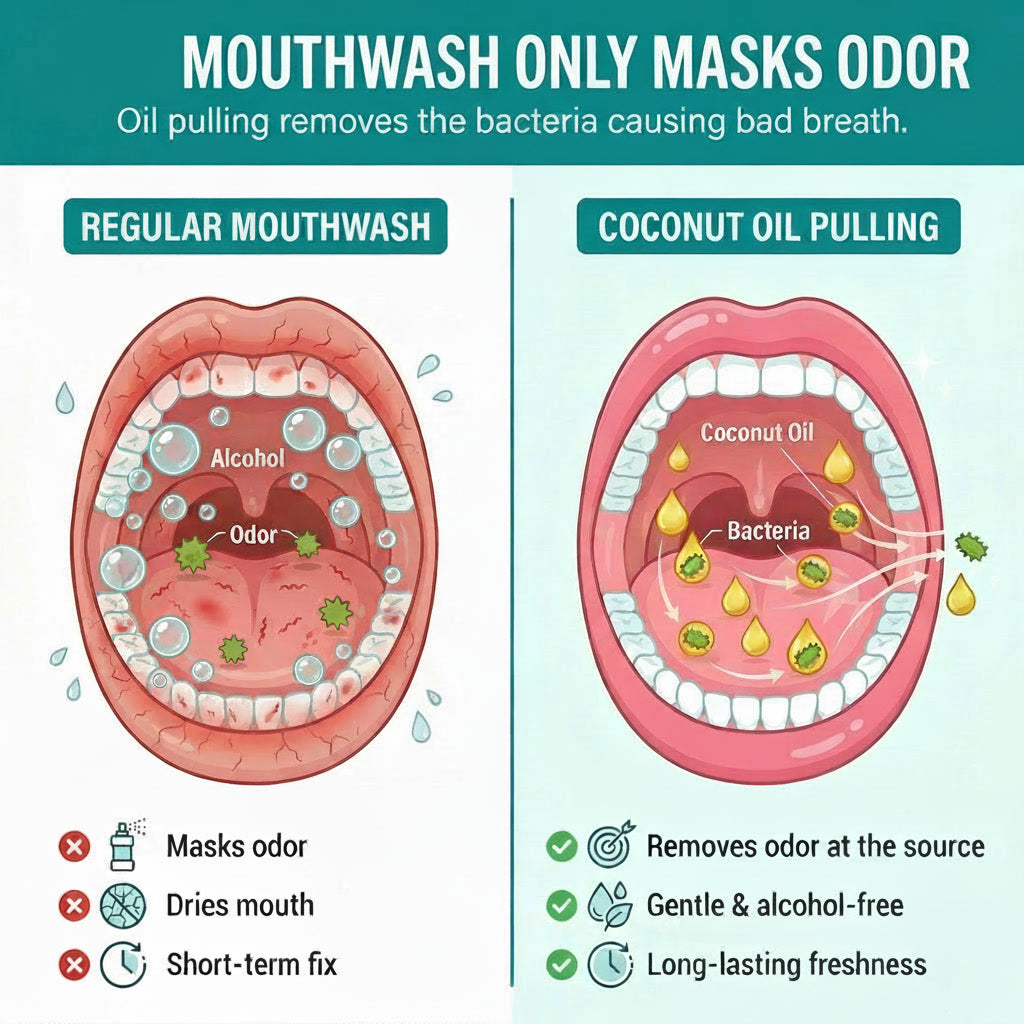 Pulls Out Oil-Based Bacteria That Causes Bad Breath: Just Swish 10 Minutes A Day.